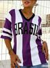 Summer New Vintage Brazil Style Print Women V-Neck T Shirt Patchwork Short Sleeve Sports Tees Football Jersey Y2K Beach T-shirt