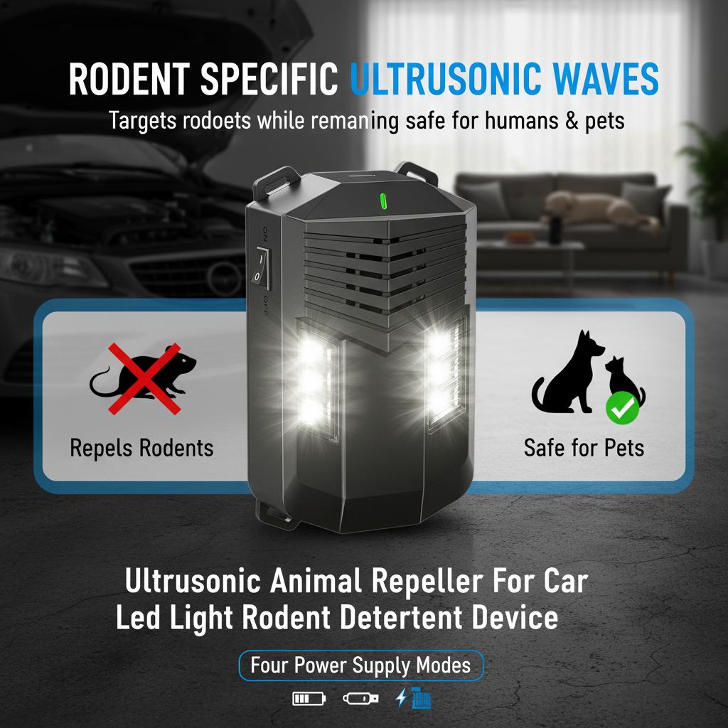 Ultrasonic Animal Repeller For Car Led Light Rodent Deterrent Device Four Power Supply Modes