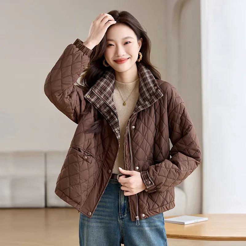 Women's Winter Stand-up Collar Diamond-shaped Grid Thin Cotton-padded Jacket, Autumn and Winter Loose Warm Jacket