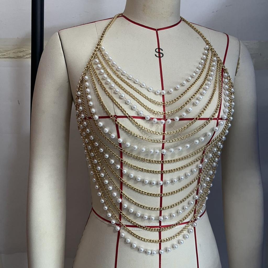 Vest, Multiple Chains, Punk Tassel Chain, Neck Hanging Pearl, Top, Tank Top, Body Chain, Chest Chain, 2025 New Model