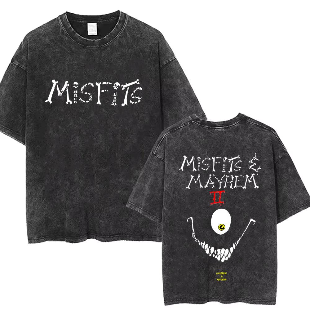 Hardcore Punk Band Misfits Vintage Washed Tshirt Horror Skeleton Graphic Tshirts Men Women Gothic Rock T Shirts s Streetwear