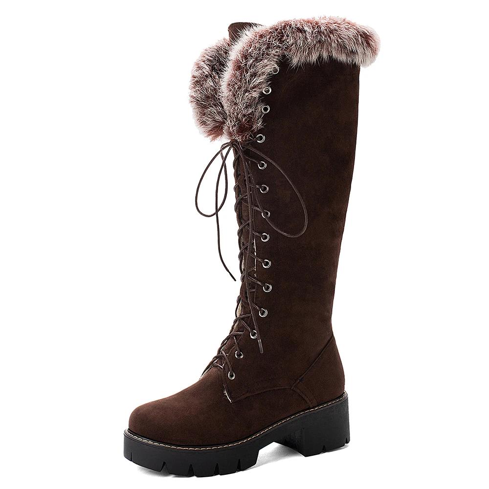 Fashion Lace-up Winter Shoes Women Snow Boots Real Fur Boots Women Knee High Suede Thick Heel Warm Outdoor with Zip Big Size 43