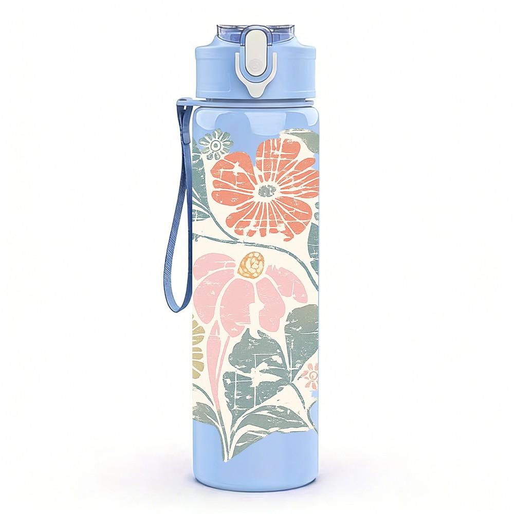 1PC Vintage Soft Floral Bouquet Print 750ml Color Plastic Sports Water Bottle Leakproof Flip Straw Lid Suitable for Sports Office Home Use