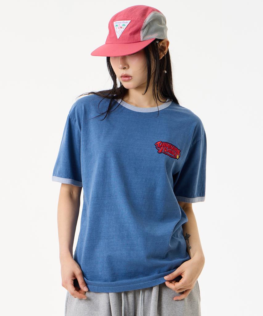 UNKNOWN PLANET [Unp] Pigment-Dyed Graphic Ringer T-Shirt Blue