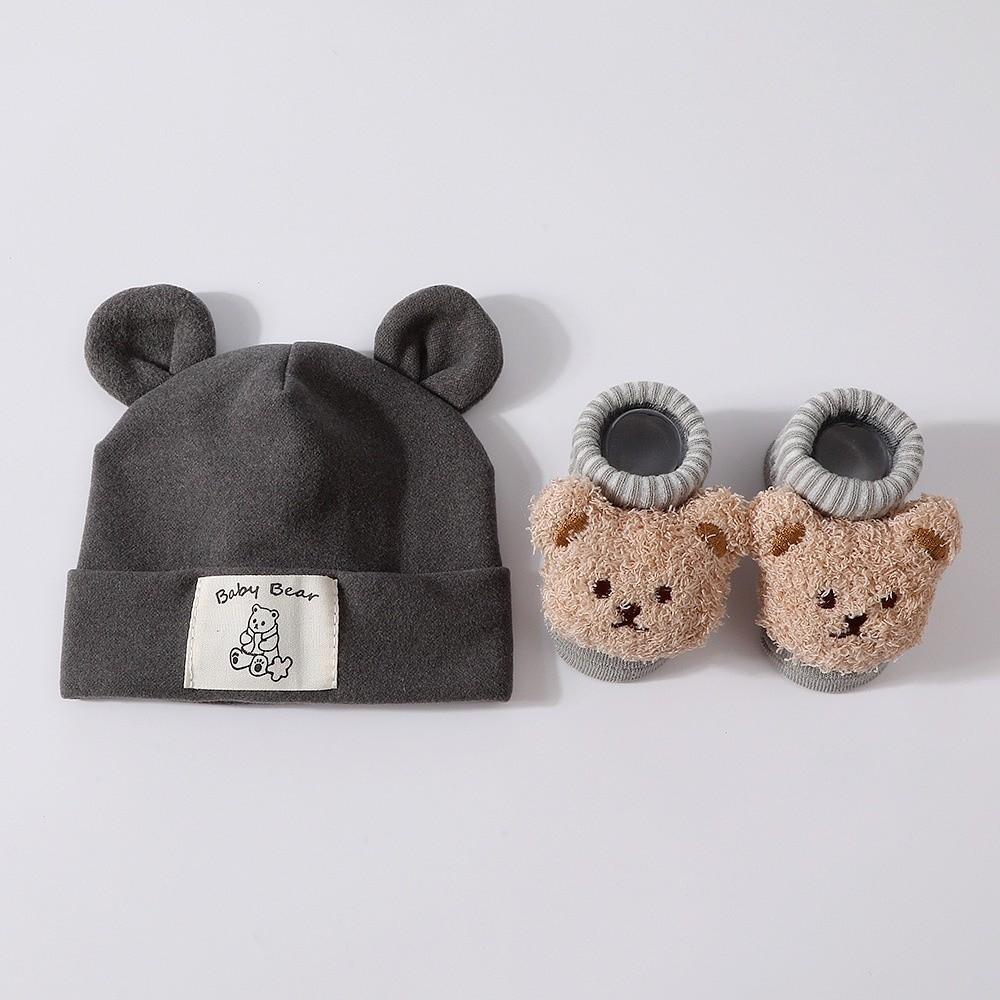 2Pcs/Set Warm Bear Ear Beanie Cotton Infant Cap Socks Cute Baby Turban Socks Autumn Winter
