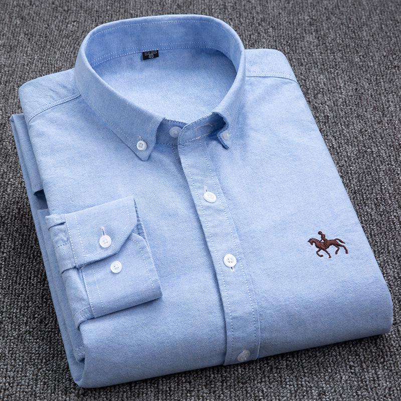 Men's Cotton Shirt Solid Color Business Casual Formal Embroidery Shirts Long Sleeve Lapel Male Fashion Standard Fit Button Up