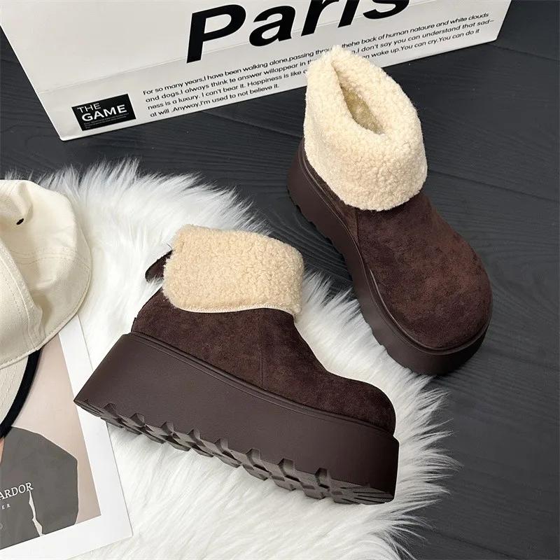 Fashion Snow Boots Women's Winter New Retro Thick Soled Height Increasing Cotton Boots Fashionable Round Toe Flanged Cotton Boots