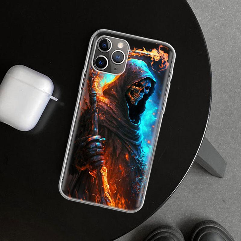 Чехол-бампер с рисунком черепа жнеца, скелета и пистолета для iPhone 11 12 13 Mini 14 15 Plus 16 Pro Max 17 Air 7 8 + SE Арт Индивидуальный Fundas