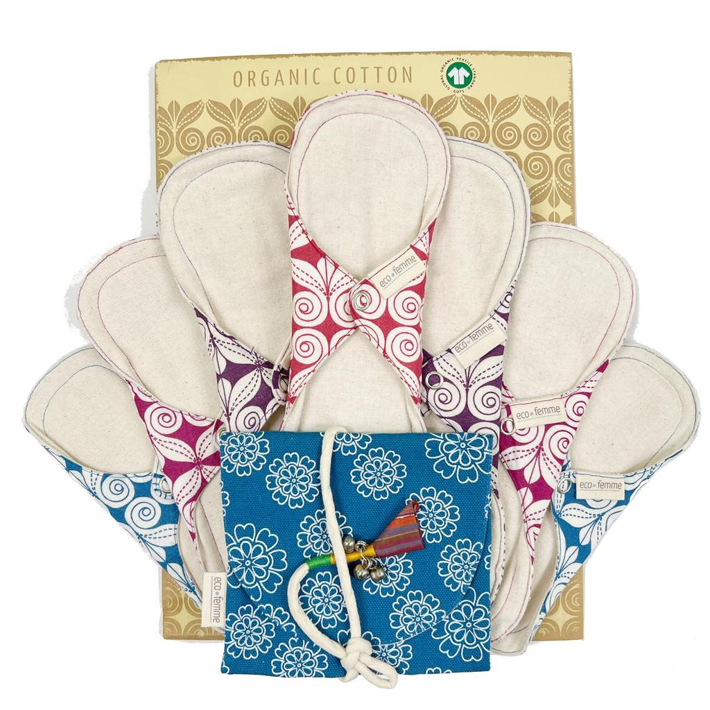 South Indian Cloth Washable Organic Cotton Full Cycle Kit Sheets 1 Carry GOTS Certified Product "Eco Femme" Napkins, (no Bleaching) - (7 + Pouch)