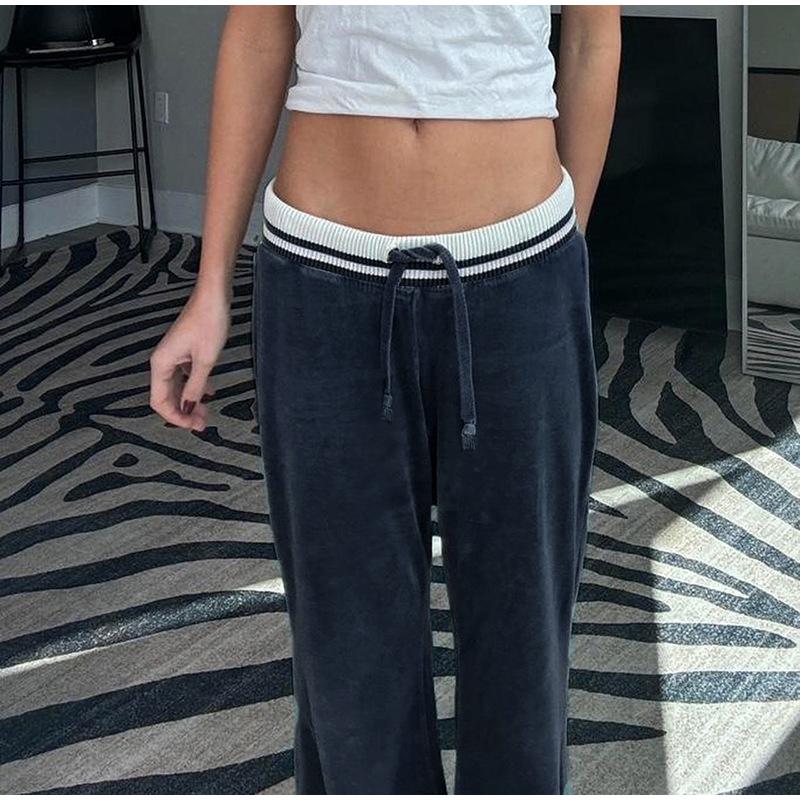 Повседневные брюки из синего бархата, уличные прямые брюки с шитьем, винтажные свободные женские брюки с завязками и низкой талией, базовые, весна-осень 2025 г.