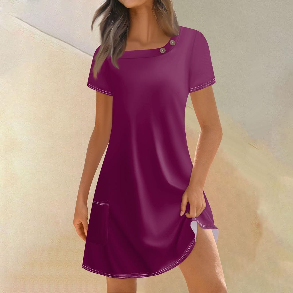 Женская мода, летние платья с квадратным вырезом и коротким рукавом, повседневные свободные однотонные платья с карманами и пуговицами