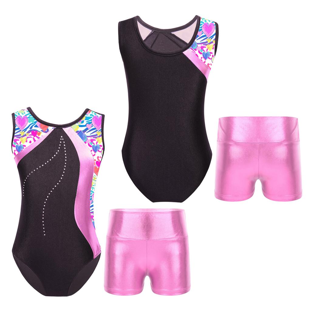 Детский лоскутный купальник без рукавов для девочек с металлизированными шортами с высокой талией, комплекты для танцев, катания на коньках, гимнастический комбинезон