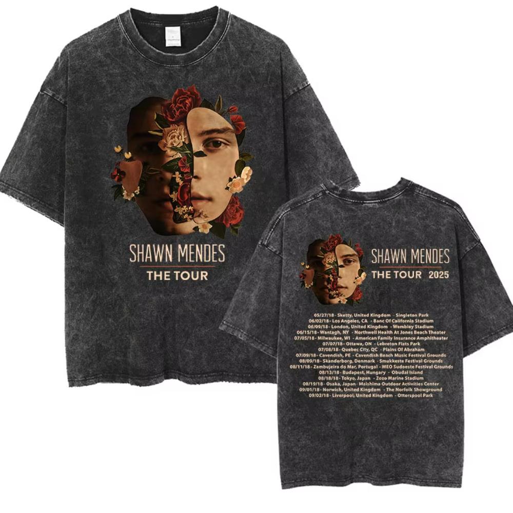 Rapper Shawn Mendes Tour  Album Vintage Washed Tee Shirt Mens Hip Hop Oversized Tshirt Fashion High Quality Cotton T Shirts