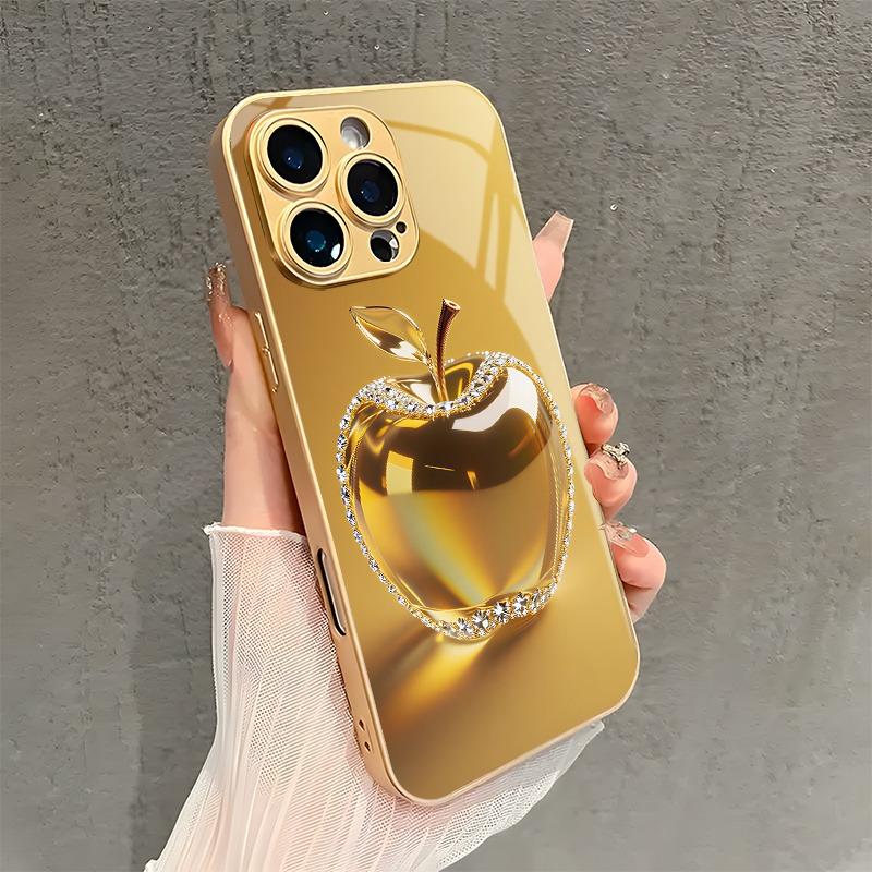 Золотой Алмазный Кристалл Для Apple Печать Металлическая Краска Стеклянный Чехол Для Телефона Для iPhone 17 16 15 14 13 12 Pro Max Plus 17 Air 16E Чехол