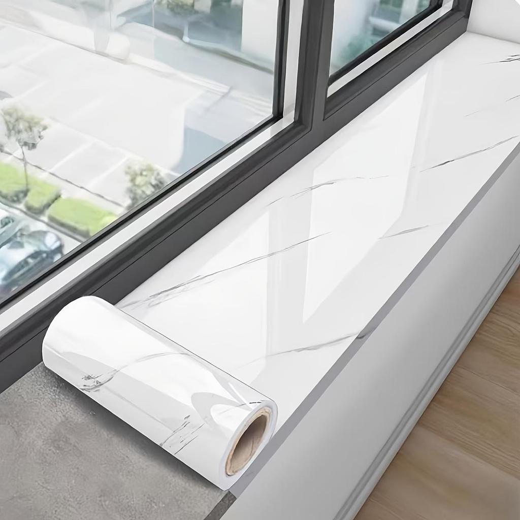1 рулон самоклеящихся наклеек на подоконник - Белый и серый мраморный узор Винил Современная глянцевая отделка, Легкая установка по типу "сними и приклей" для поверхностей