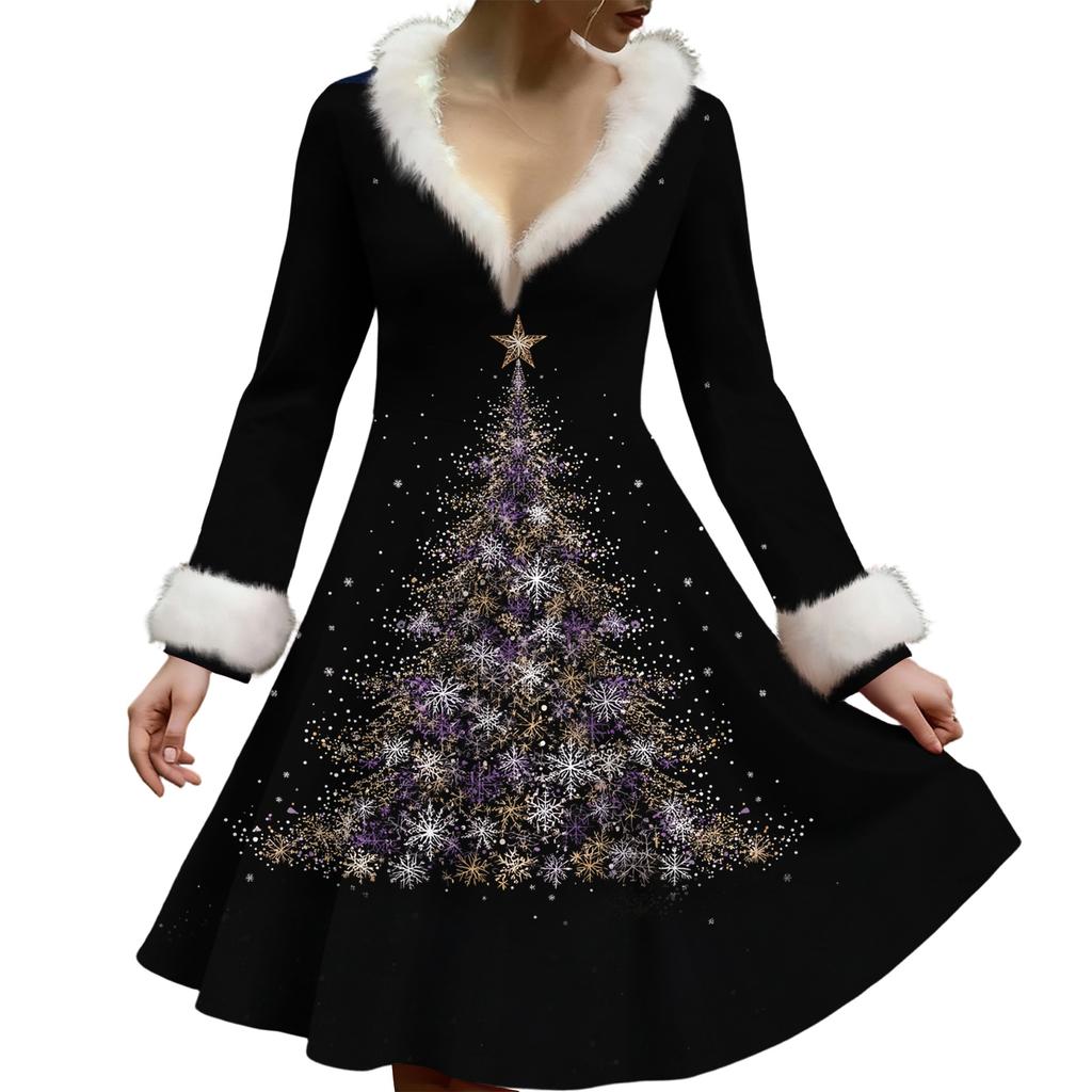 Женское повседневное платье с V-образным вырезом, рождественским принтом, плюшевыми длинными рукавами