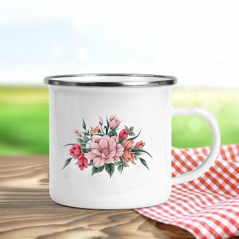 Цветочный принт ретро эмалированные кружки креативные кофейные чашки летние напитки для пикника на свежем воздухе сок молоко походные кружки ручка посуда для питья подарки