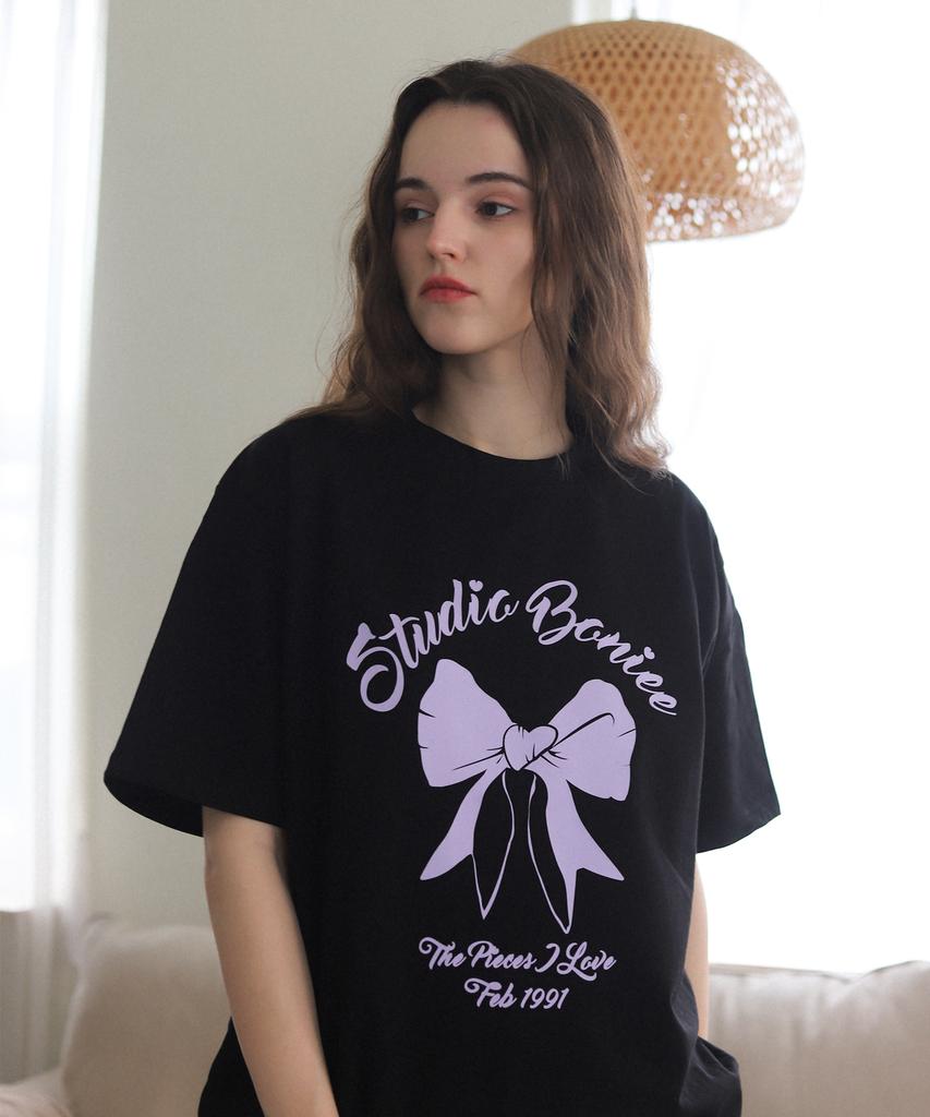 BONIEE Ribbon Graphic Loose Oversized T-Shirt Black