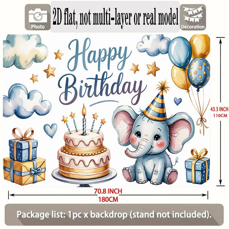 Happy Birthday Elephant Theme, 1pc Polyester Party Backdrop Banner, Photo Booth Background, Wall Decor