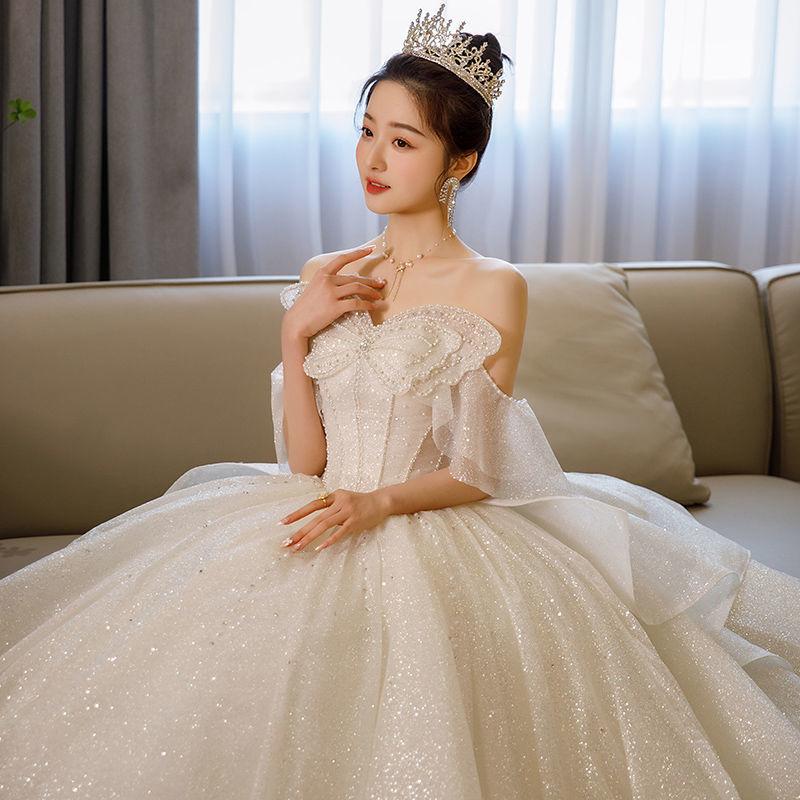 Французский бант Свадебное платье без бретелек - Сверкающее роскошное свадебное платье, Принцесса бальное платье из блестящего тюля с корсетом