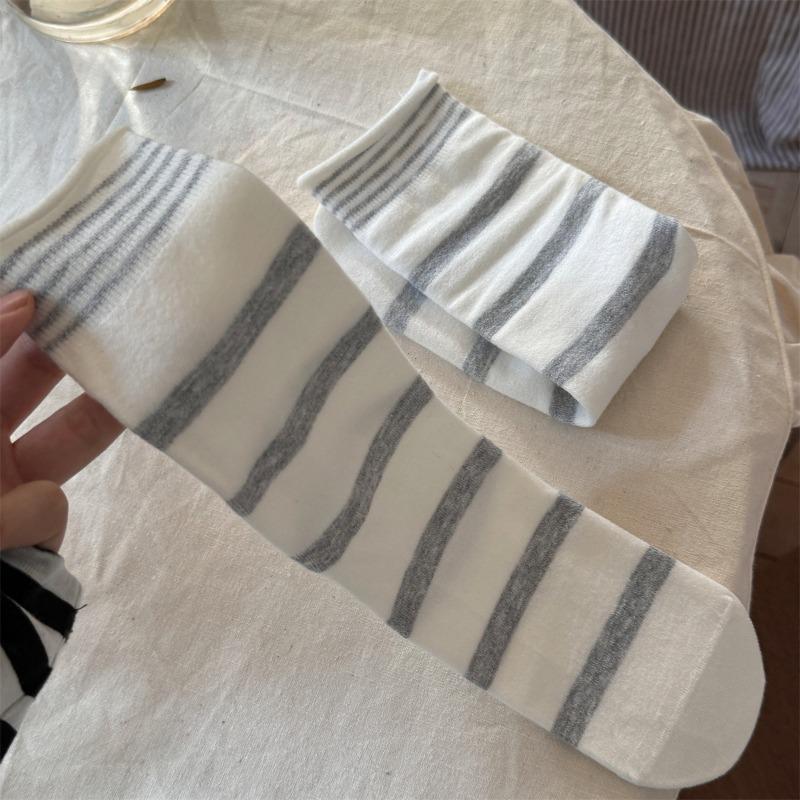 Mulberry, Silk, Cotton, Wool Socks, Winter Striped Boneless Socks, Mid-calf Socks, Striped Socks for Women