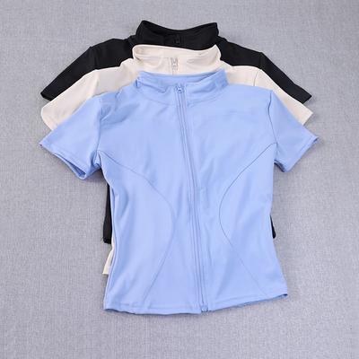 Женская одежда, летнее новое поступление, облегающая футболка, спортивная куртка с коротким рукавом на молнии, профессиональная одежда для бега, пилатеса и фитнеса