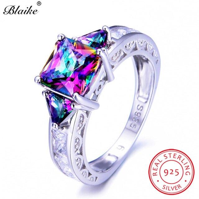 Size 5-11 Square Birthstone Ring Genuine S925 Sterling Silver Rings For Women Peridot/Ruby/Topaz Rainbow Zircon Jewelry