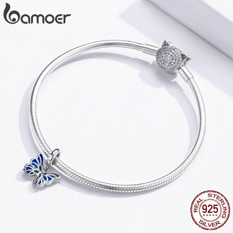 BAMOER Authentic 925 Sterling Silver Butterfly Dangle Charms Blue Enamel Beads Fit Original Bracelet
