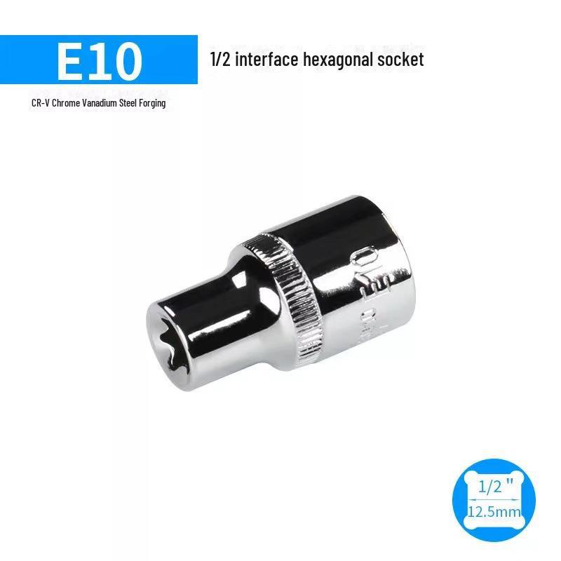 Metric 6-Point Flower-Shaped E-Type Socket Set: 1/2 Large, 3/8 Medium, 1/4 Small, Star Type.