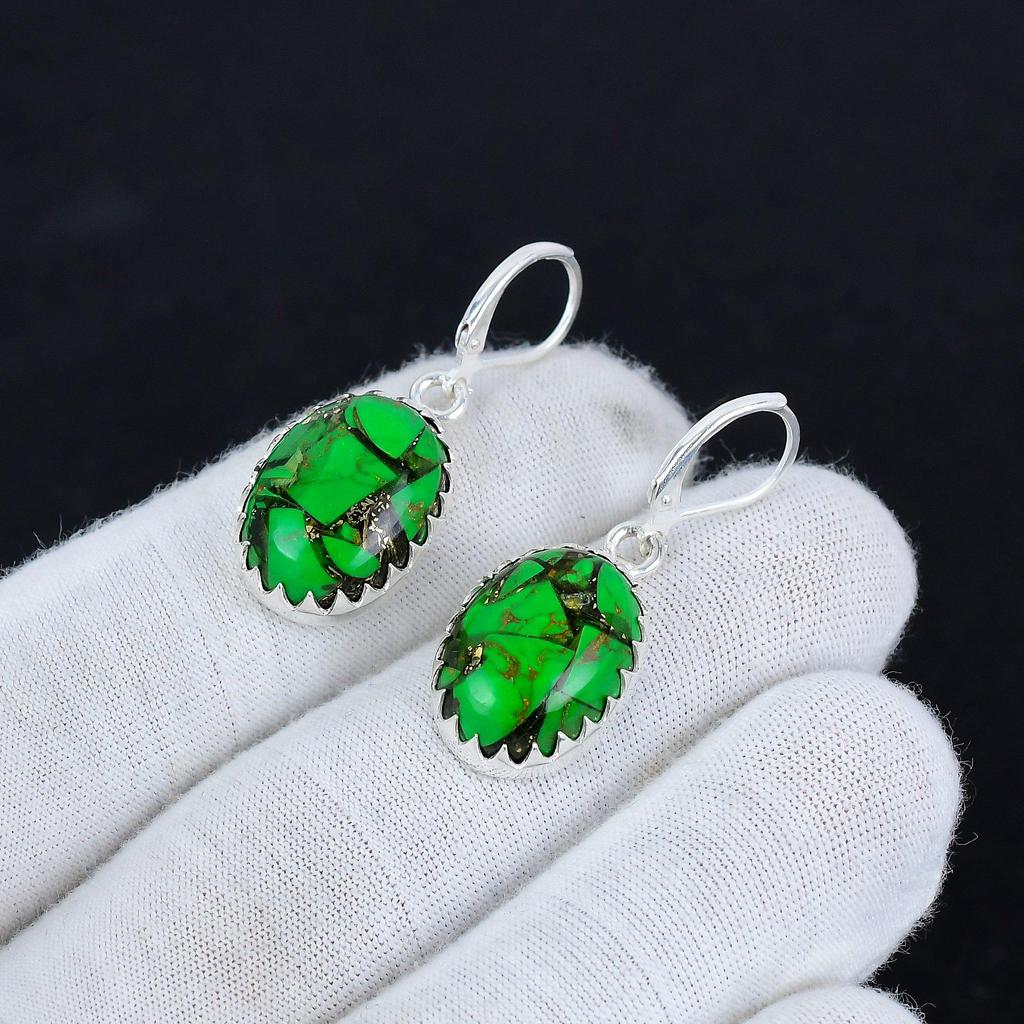 Green Coppper Turquoise Gemstone 925 Sterling Silver Earring, Boho Silver Jewelry Dangle Earrings, Gifts For Mom Gifts For Her