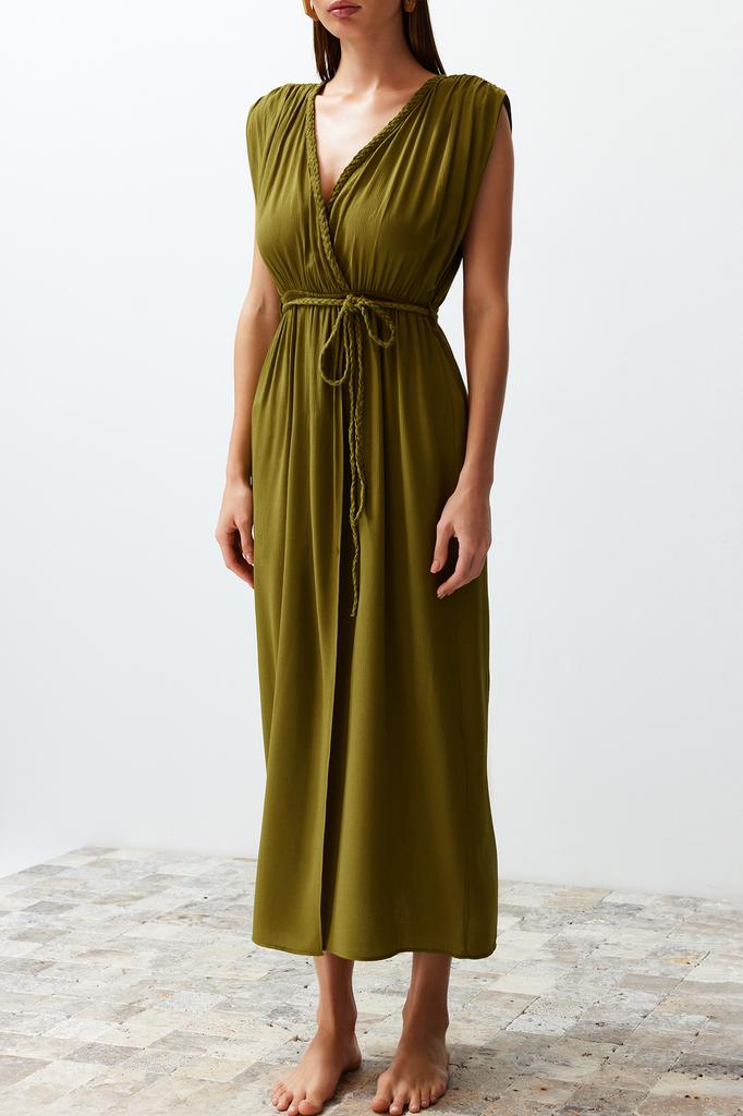Women's Fashion New Dress Green Maxi Woven Slit Beach Dress