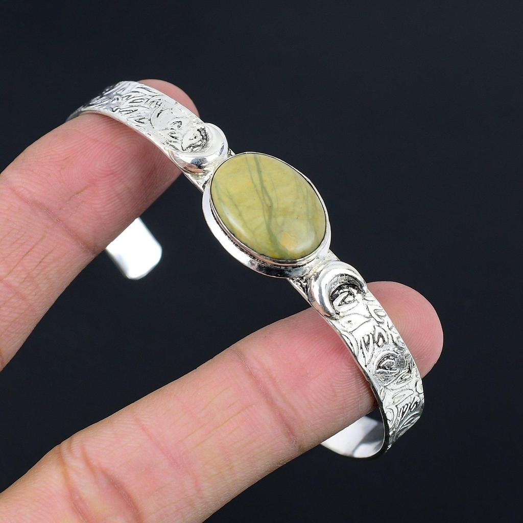 Natural Polychrome Jasper Bangle Crescent Moon Adjustable 925 Silver For Girls