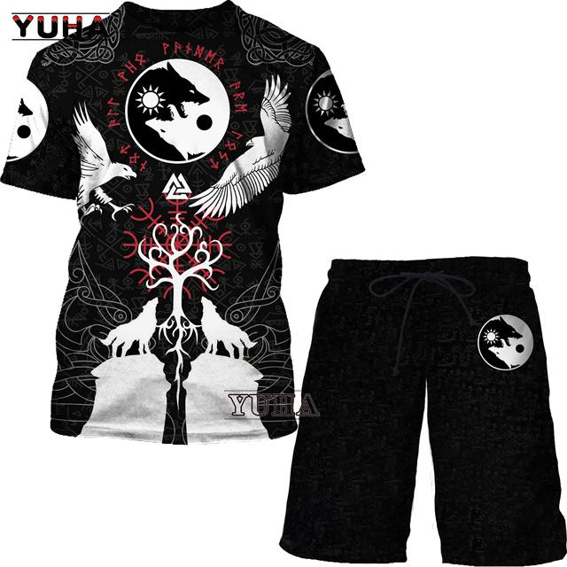 Летний мужской костюм большого размера, мужская футболка с 3D принтом викингов и мужской спортивный костюм, футболка, шорты, повседневная спортивная одежда, весна