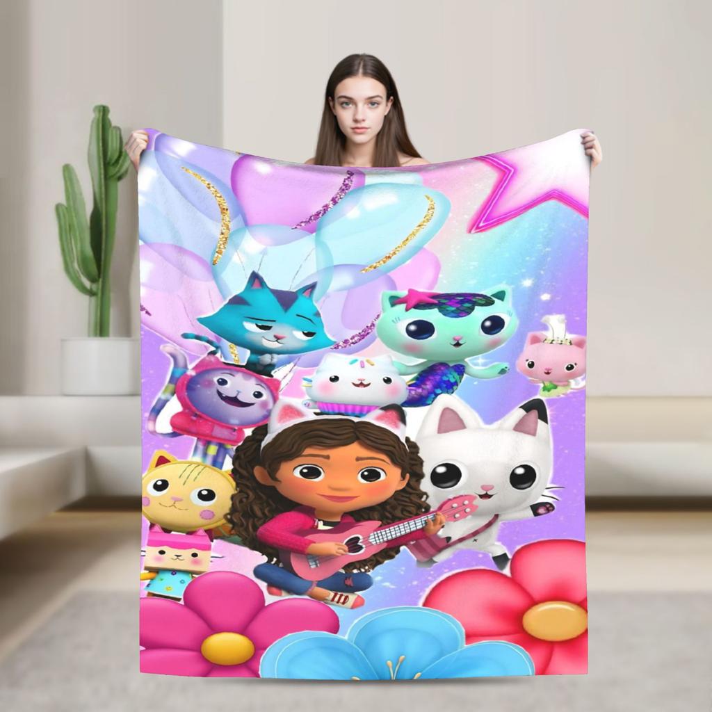 Cartoon Cute Gabby Dollhous Flannel Blanket Soft Durable Bedding Throws for Bedroom Picnic Fluffy Bedspread Sofa Bed Cover