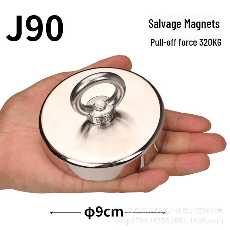 Мощный магнитный спасательный магнит J48 с магнитом NdFeB, основанием с присоской и подъемным кольцом для надежного удержания и фиксации.