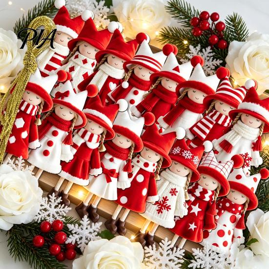 Lightweight Wood Ornaments Red And White Doll Hanging Pendants for Christmas Tree, Decorative Wooden Girls Decorations Ornament, Seasonal Tree