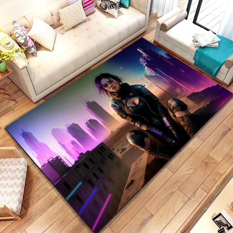 Cyberpunk Urban Nightscape Printed Carpet, Living Room Bedroom Home Decoration Carpet, Bathroom Anti-skid Rugs for Bedroom