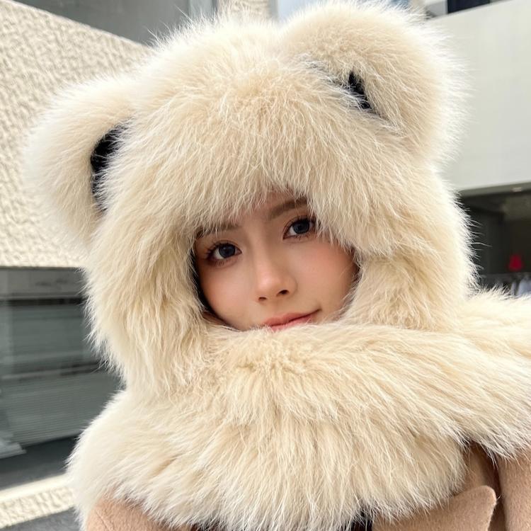 Шапка из меха лисы, шарф из меха медведя, встроенная меховая зимняя шапка для женщин, теплая двухсторонняя, из натурального волоса, мягкая, симпатичная, с ушками, уменьшающая возраст