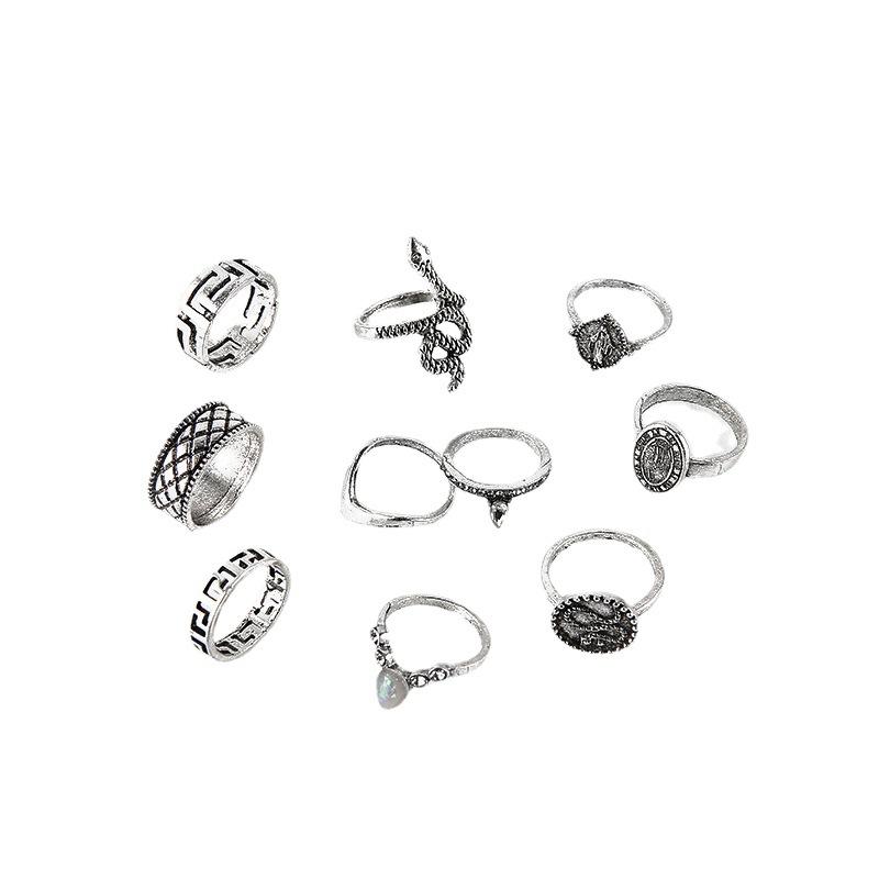Retro Fashion Personality Exaggerated Engraving Buddha Statue Diamond Snake 10-Piece Ring