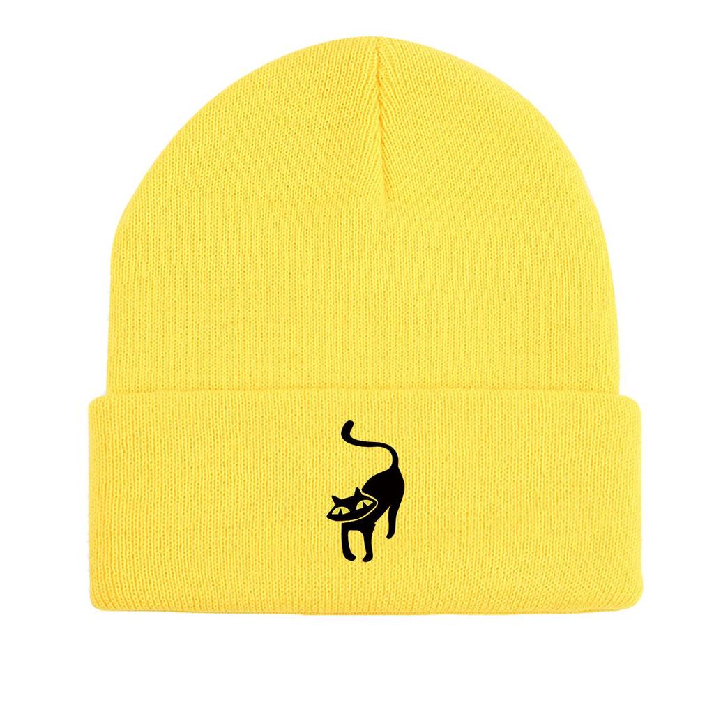 Вязаная шапка с принтом черного кота, шапка Animal Woman, эластичная термопростая шапка с помпоном, вязаная шапка, шапка-бини