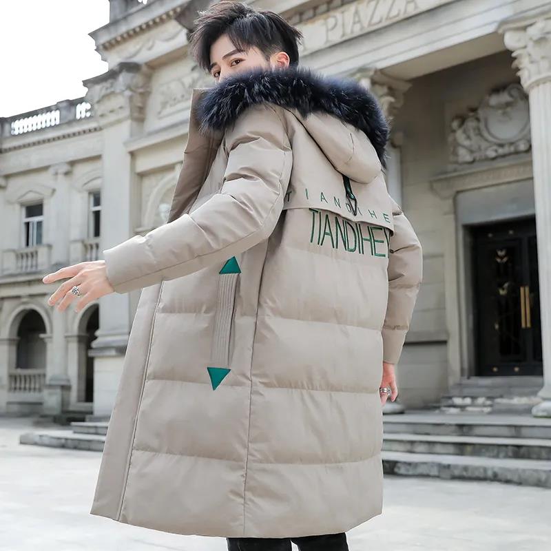 Пуховик с большим меховым воротником, мужская зимняя утепленная хлопковая куртка средней длины с капюшоном, повседневная куртка, теплое пуховое пальто на молнии