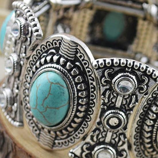 Retro Women's Gift Oval Turquoise Carved Tibetan Bangle Bracelet Boho Jewelry