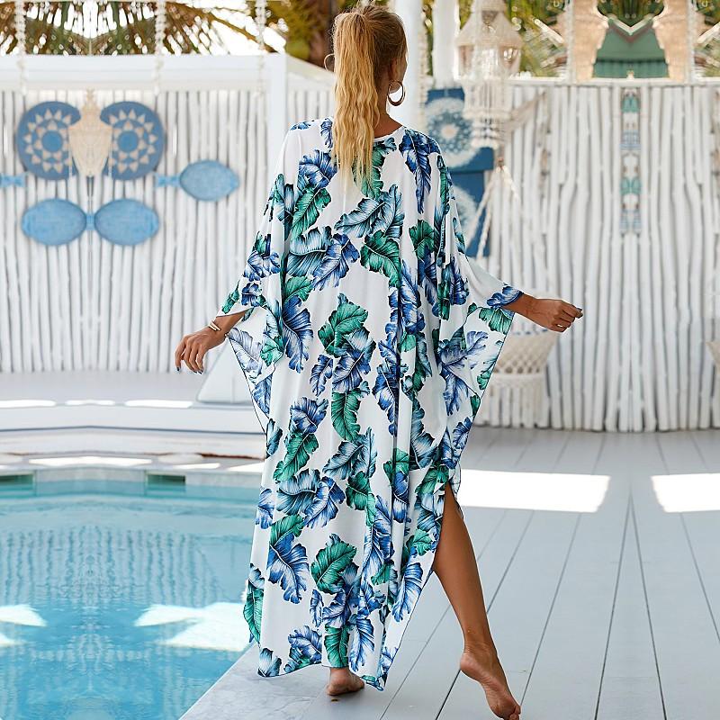 EDOLYNSA Red Tie-dye Printed Bikini Cover-up Swimsuit Robe Casual V-neck Side Slit Summer Beach Skirt Women's Beachwear Swimsuit Cover-up Q1297