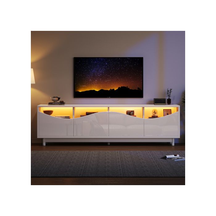 Meuble TV - MUVOE - Design incurvé - Blanc brillant - Éclairage LED