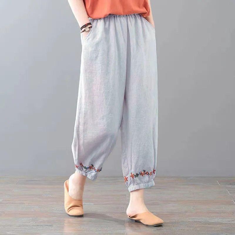 Укороченные брюки большого размера в стиле ретро, однотонные женские повседневные брюки из хлопка и конопли