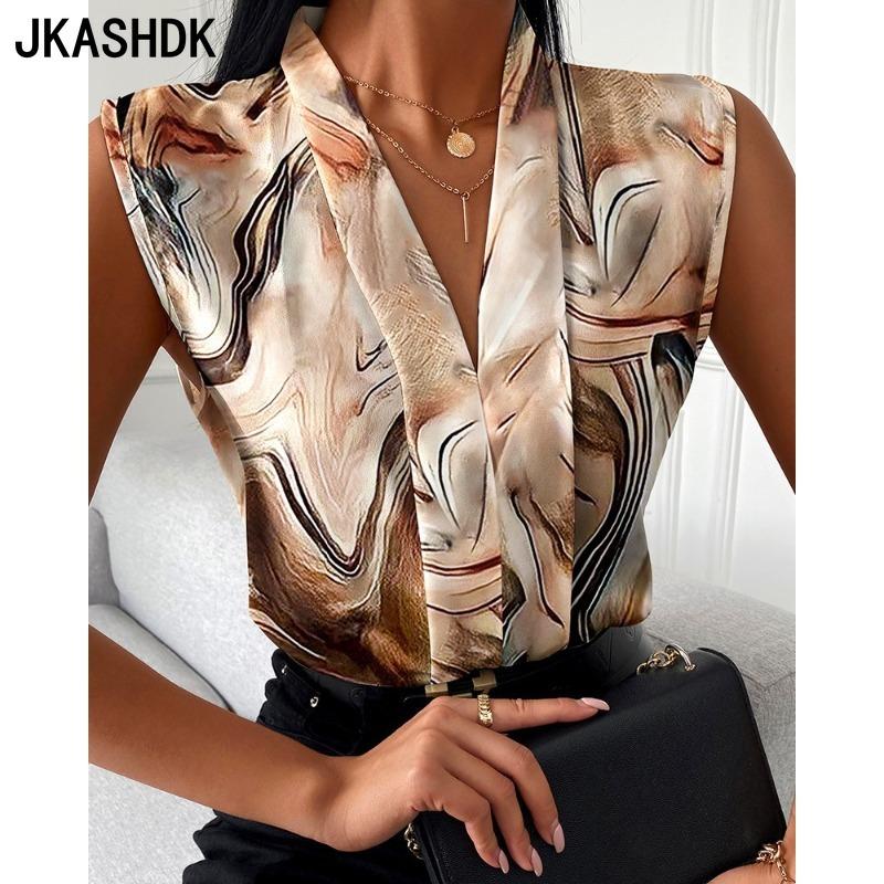 JKASHDK Women's Fashion Casual Summer Spring Colour Block Print Sleeveless V-Neck Blouses & Shirts