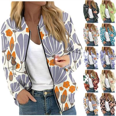 Женская модная повседневная куртка на молнии с длинным рукавом с цветочным/листовым принтом и круглым вырезом