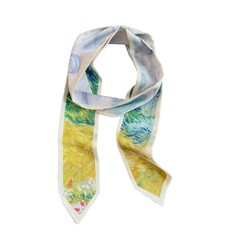 Silk Scarf Long Strip High Sense Spring and Summer Versatile Oil Painting Headscarf Headband Tied Bag Streamer Decorative Scarf Multi-purpose Belt