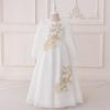 Middle East White Mesh Princess Gown with Gold Thread Embroidery - Long Sleeve Evening Dress for Girls