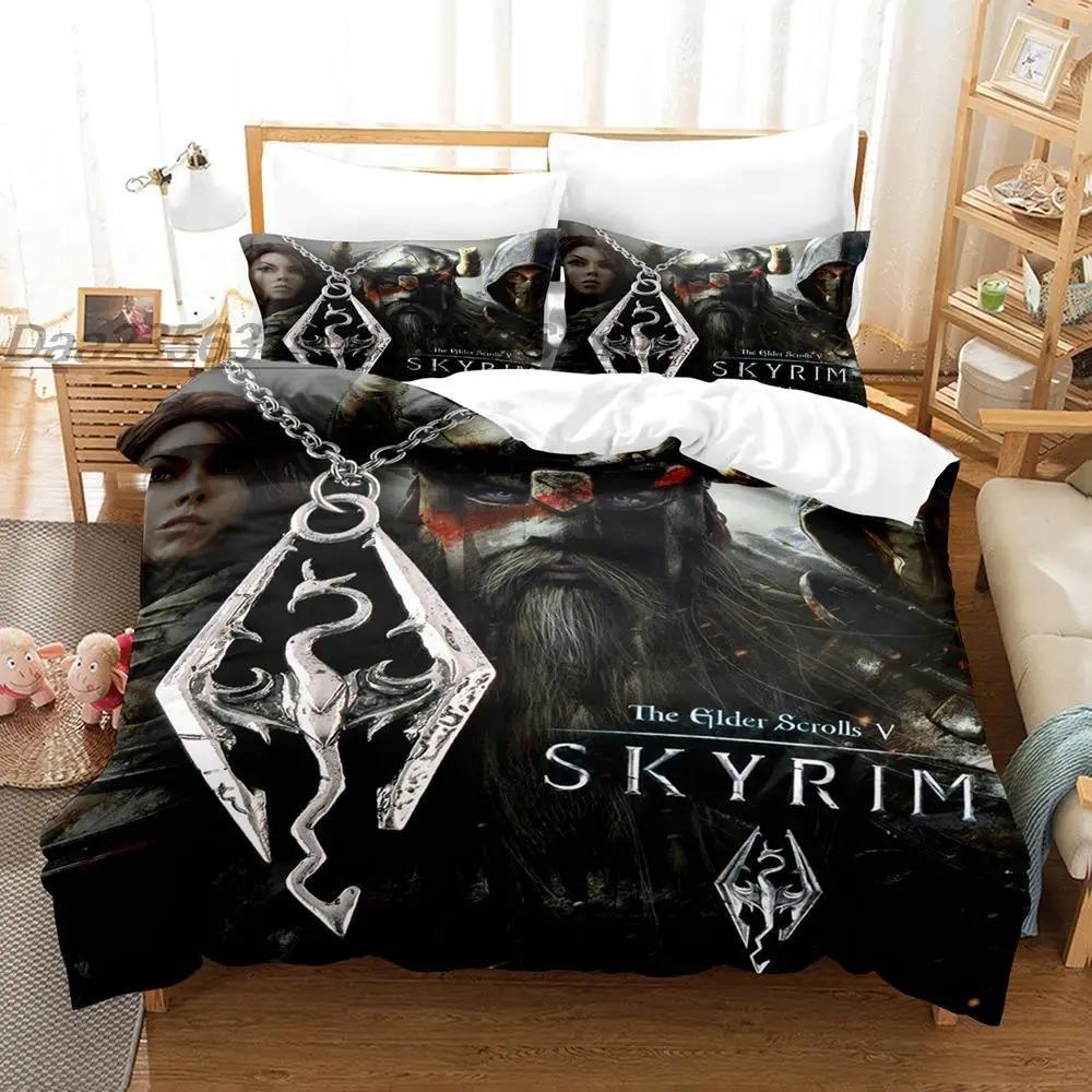 Комплект постельного белья Skyrim Односпальный Двуспальный Full Queen King-Size Размеры Размеры Комплект постельного белья Взрослый Мальчики Подростки Спальня Наборы пододеяльников 3D Печать Аниме кровать